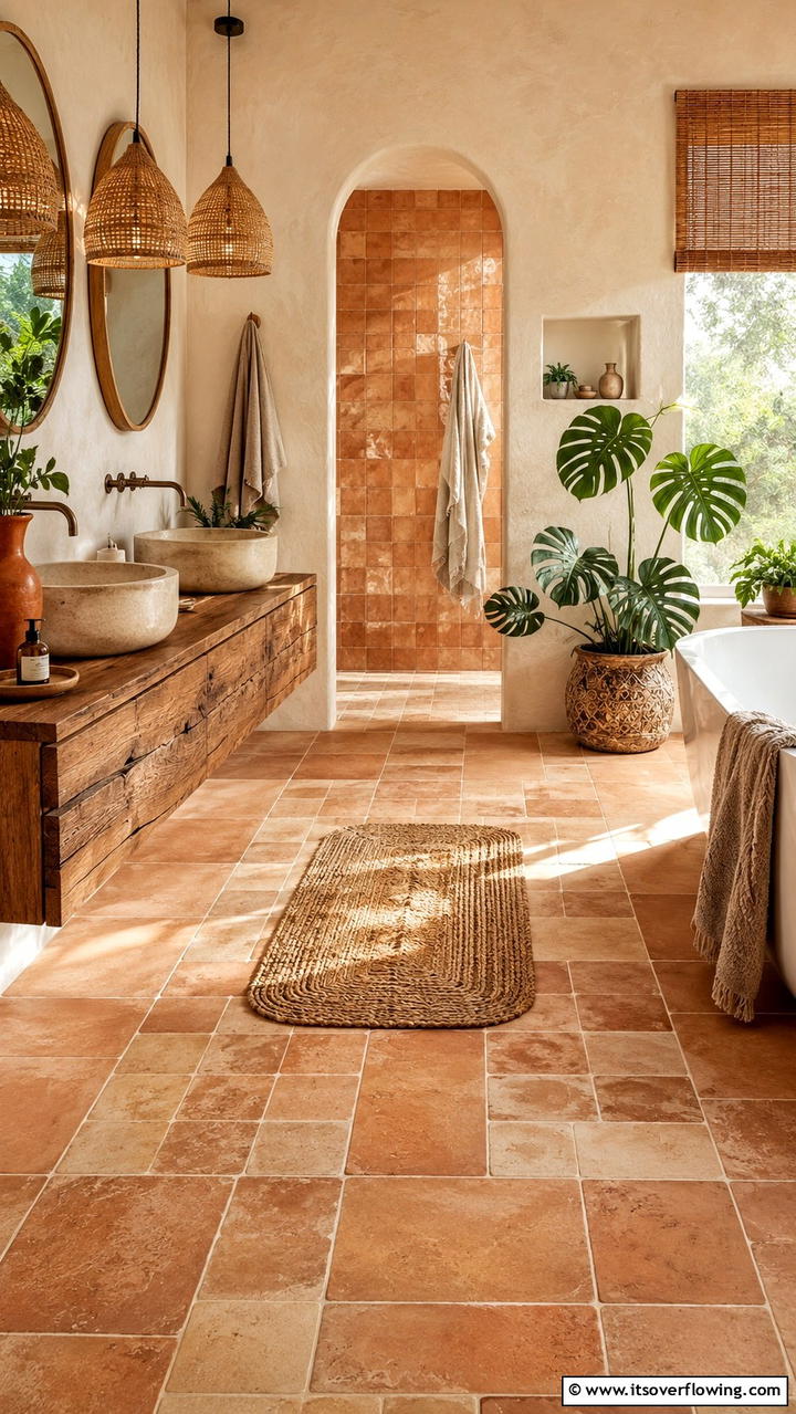 Earth Toned Floor Tiles - 30 Boho Bathroom Ideas for Relaxed, Global-Inspired Style