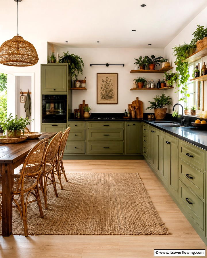 Earthy Bohemian Style - 30 Green Kitchen Cabinets & Black Countertops Pairing Ideas