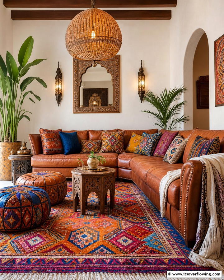 Earthy Boho with Moroccan Rugs - 25 Brown Leather Couch Living Room Ideas