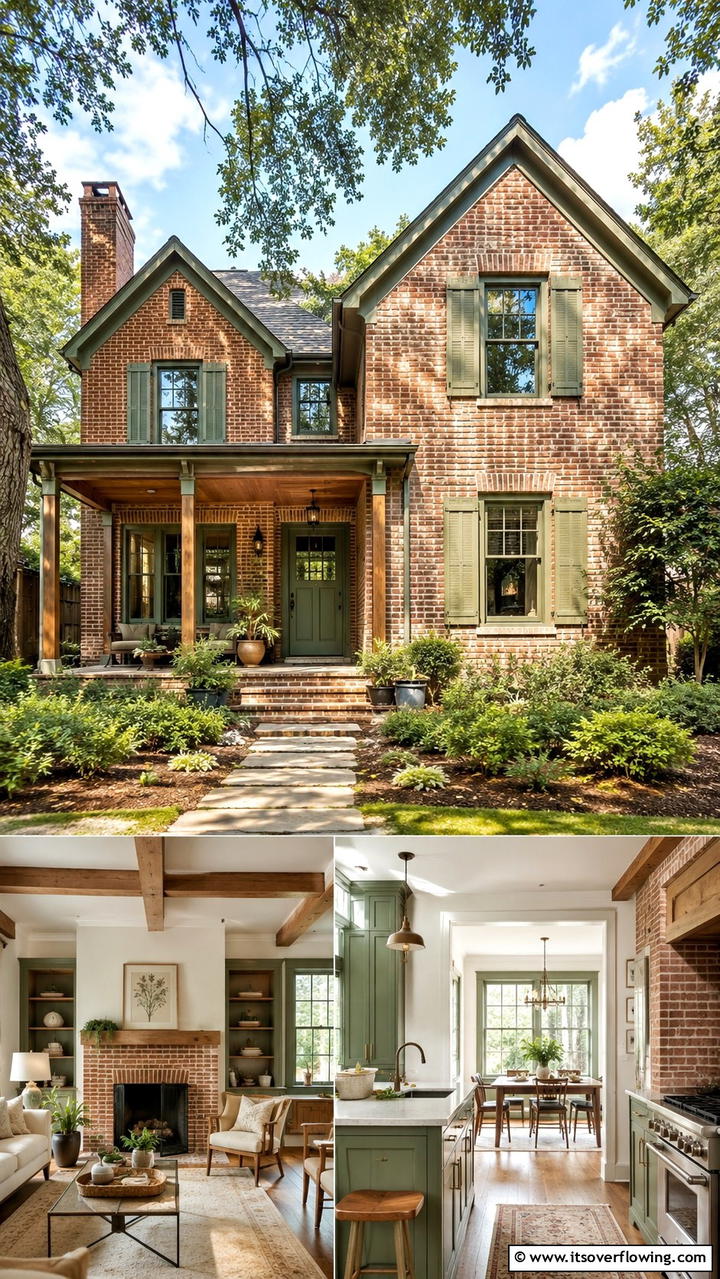 Earthy Brown Brick with Sage Green Highlights - 30 Exterior Brick and Paint Color Combinations