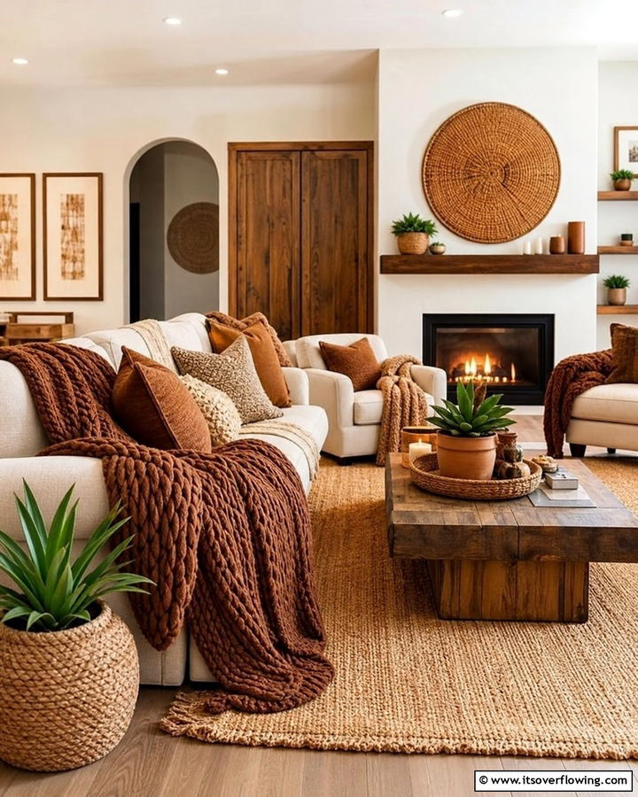 Earthy Brown Throw Blankets for Added Coziness - 25 Brown Living Room Ideas for Warm and Cozy Vibes