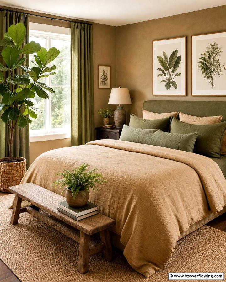 Earthy Comfort with Green Accents - 25 Tan Bedroom Ideas for a Warm and Cozy Space