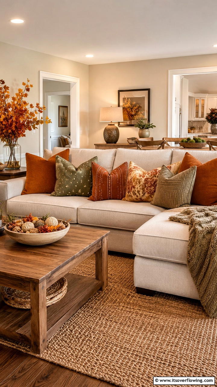 Earthy Decorative Pillows - 30 Cozy Fall Living Room Ideas to Embrace Autumn Vibes