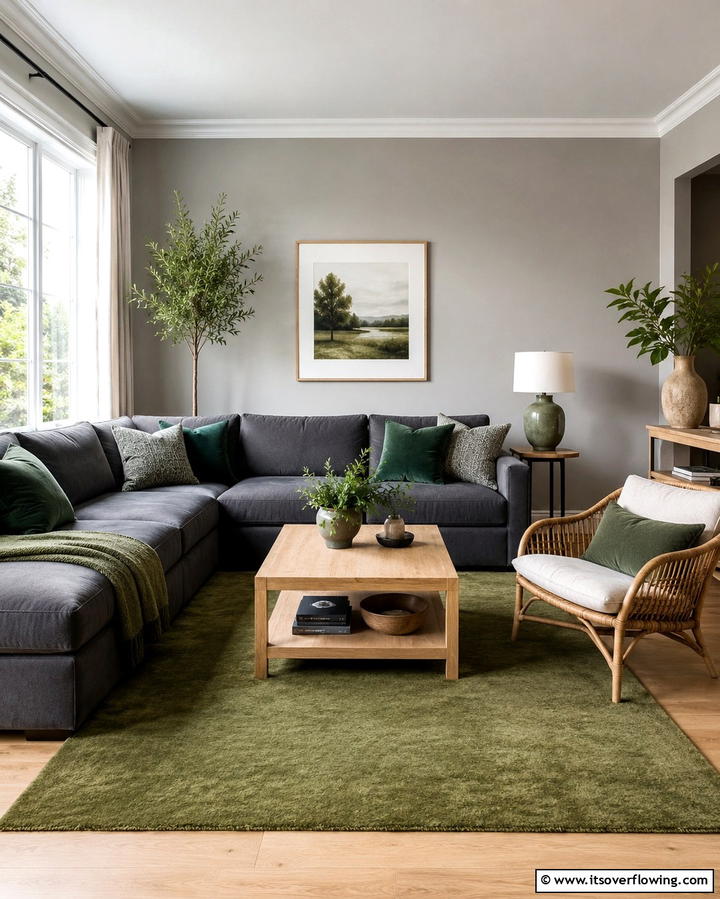 Earthy Green Accents with Grey Walls - 25 Green and Grey Living Room Ideas for Modern Homes