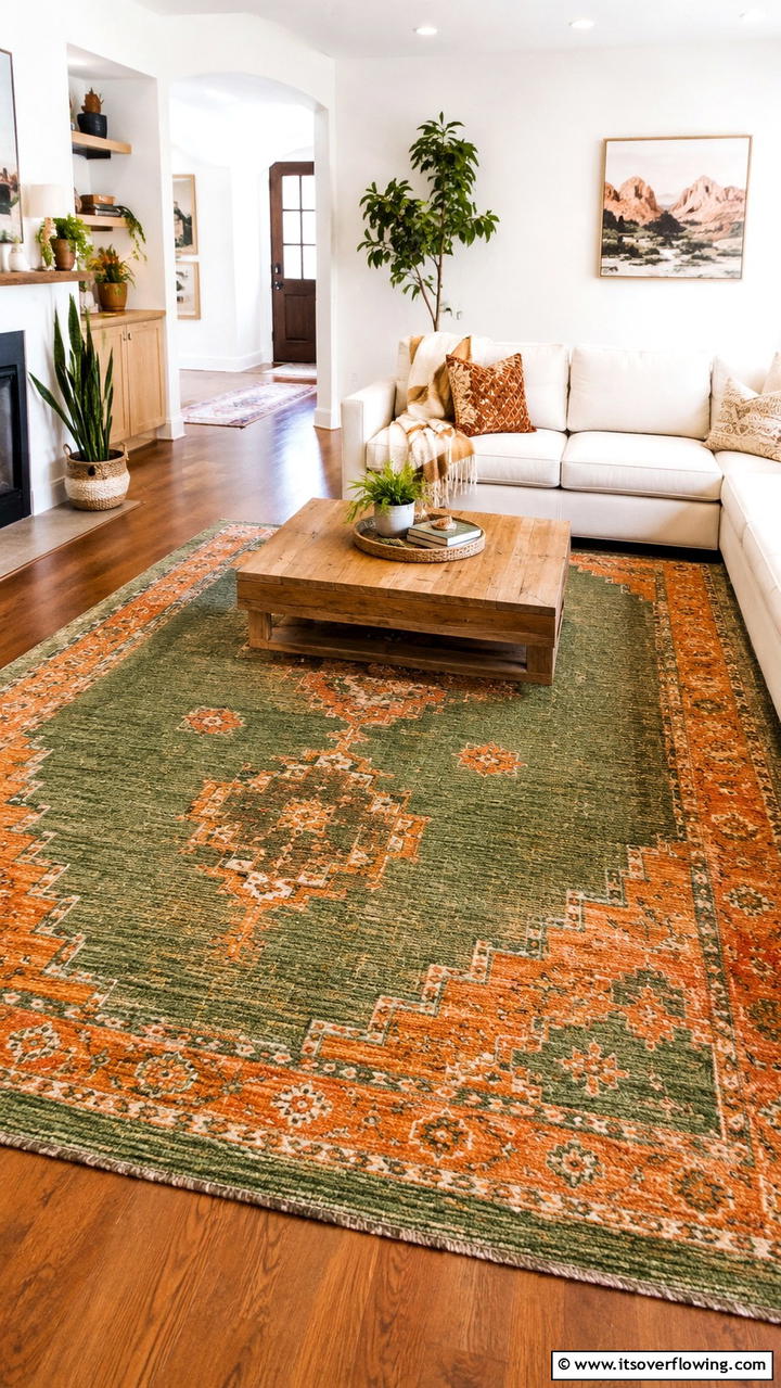 Earthy Green Rug with Orange Accents - 30 Green and Orange Living Room Ideas for Bold Style