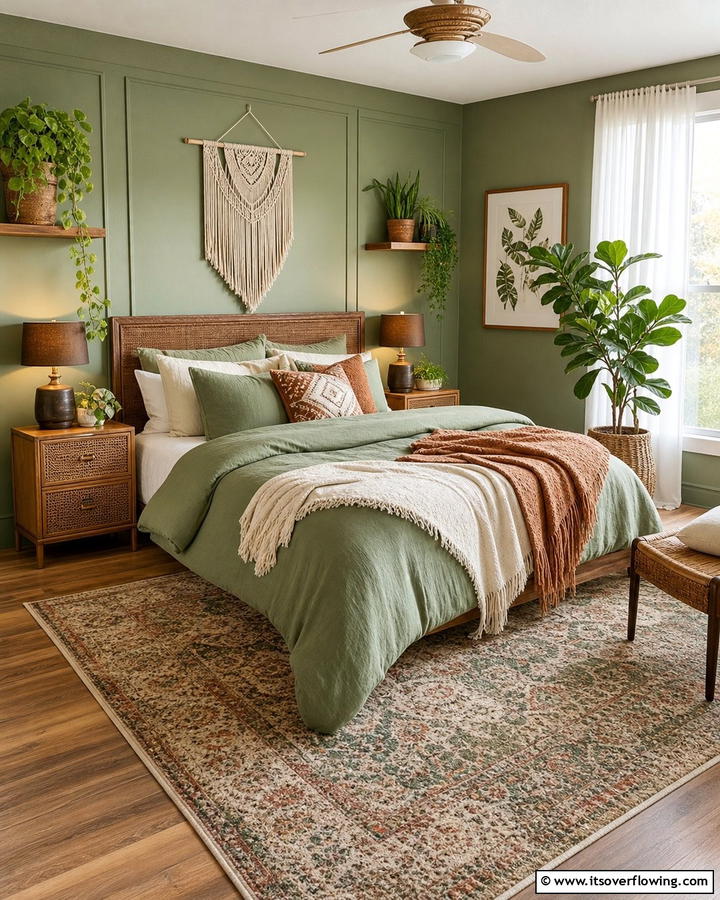 Earthy Green Wall Paint - 20 Green Boho Bedroom Ideas for a Relaxing Retreat