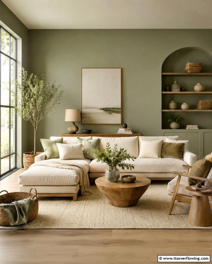 Earthy Green Walls for a Calm Atmosphere - 25 Green Living Room Ideas for a Fresh and Calming Space