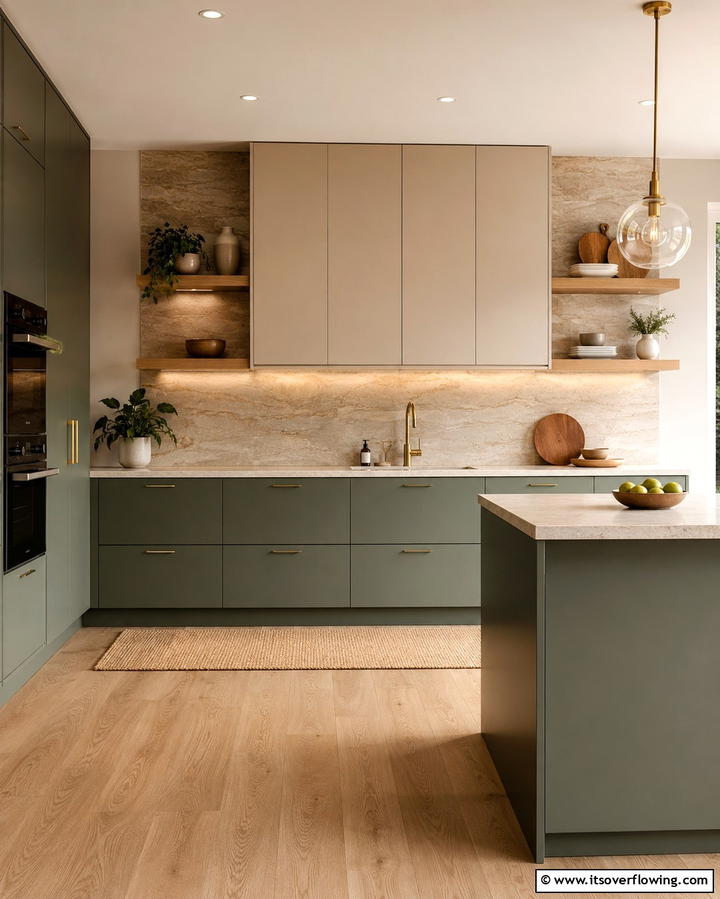 Earthy Green and Beige - 25 Two-Tone Kitchen Cabinet Ideas for a Modern Look