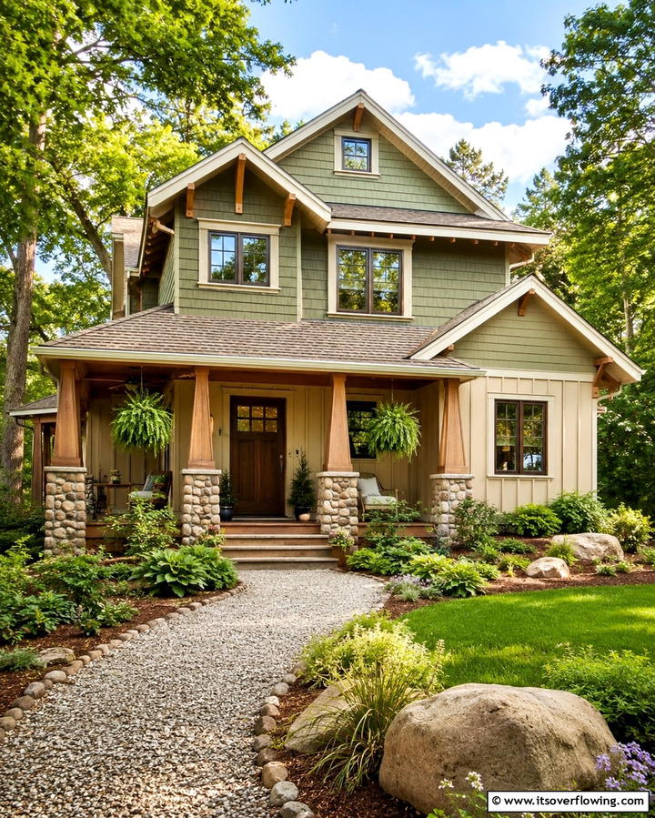 Earthy Green and Neutral Beige Pairing - 20 Two-tone Siding Designs for Modern Home Exteriors