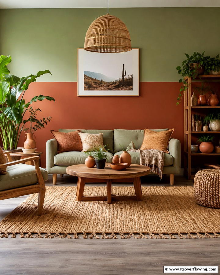 Earthy Green and Terracotta Harmony - 30 Two-Tone Wall Paint Ideas to Elevate Your Interior Design