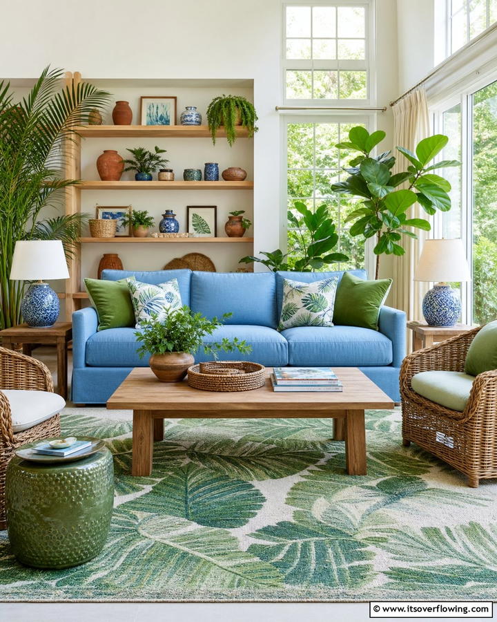 Earthy Harmony with Blue and Green - 25 Blue Couch Living Room Ideas for a Stylish Space