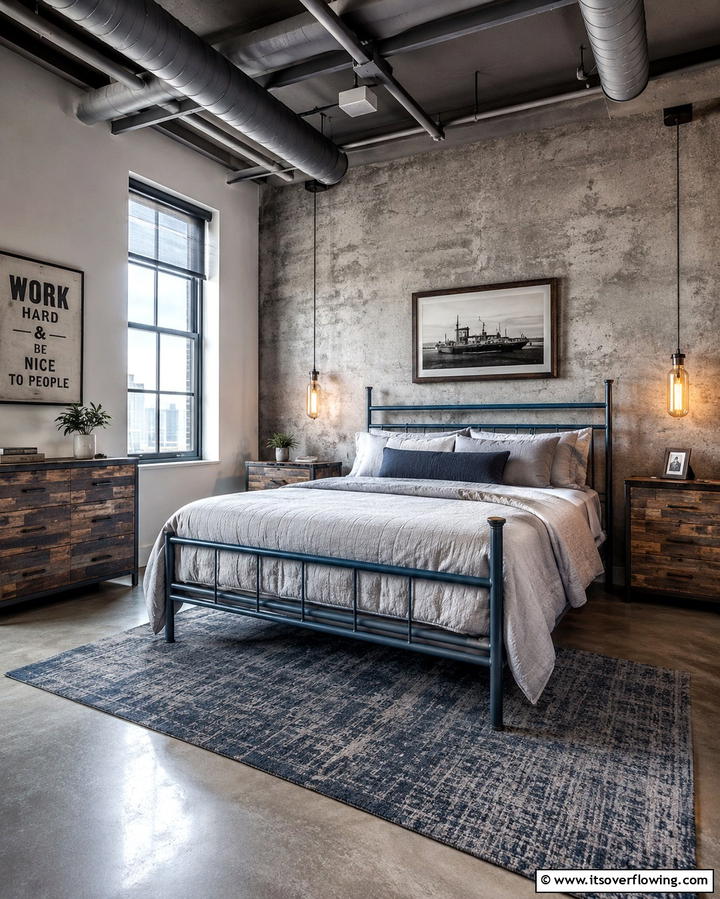 Earthy Industrial Blend - 30 Calming Blue and Grey Bedroom Ideas for Relaxing Retreats