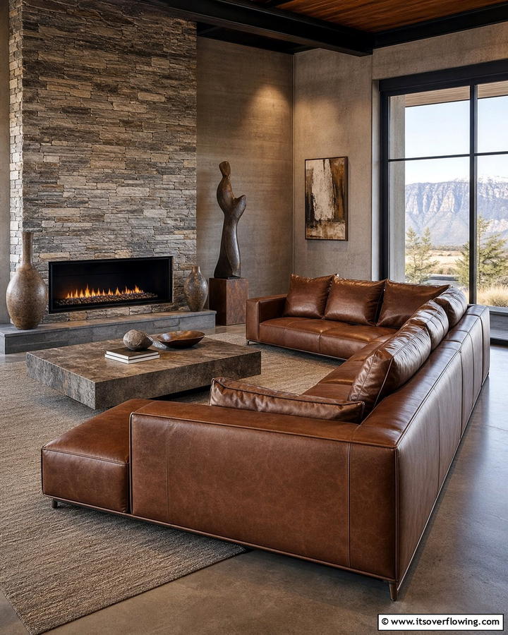 Earthy Modern with Stone Accents - 25 Brown Leather Couch Living Room Ideas