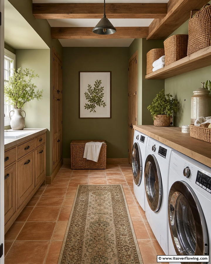 Earthy Olive Tone - 30 Laundry Room Paint Ideas to Brighten Chore Time