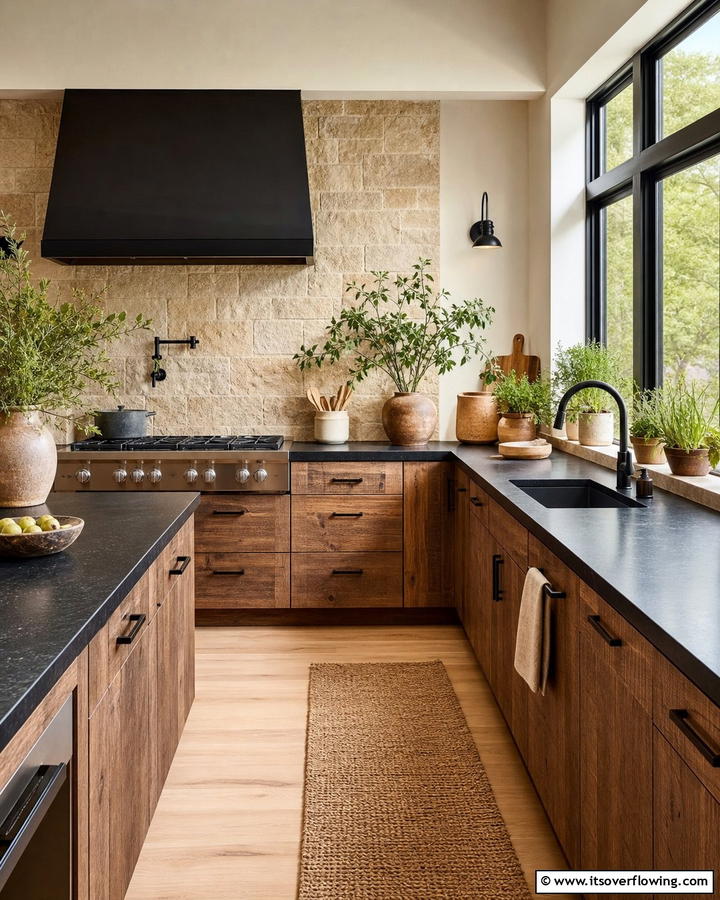 Earthy Sophistication with Textured Finishes - 25 Brown Kitchen Cabinets With Black Countertops
