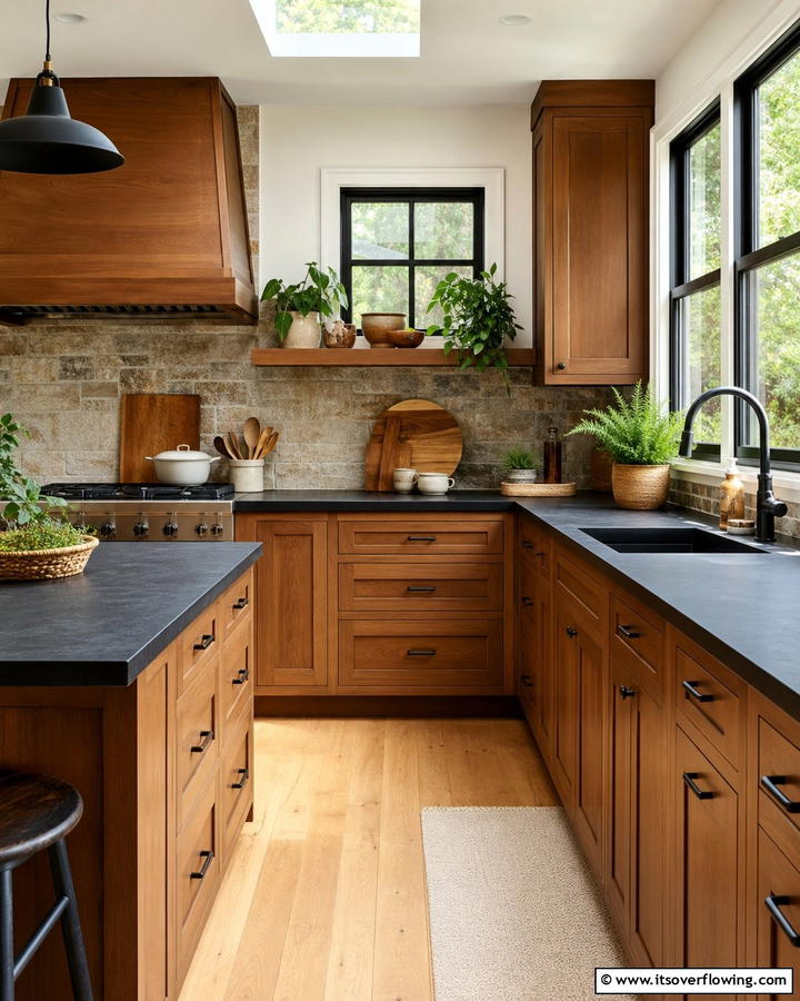 Earthy Sophistication with Warm Undertones - 25 Brown Kitchen Cabinets With Black Countertops