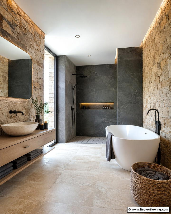 Earthy Stone Walls - 25 Natural Bathroom Ideas for a Spa-Like Retreat at Home