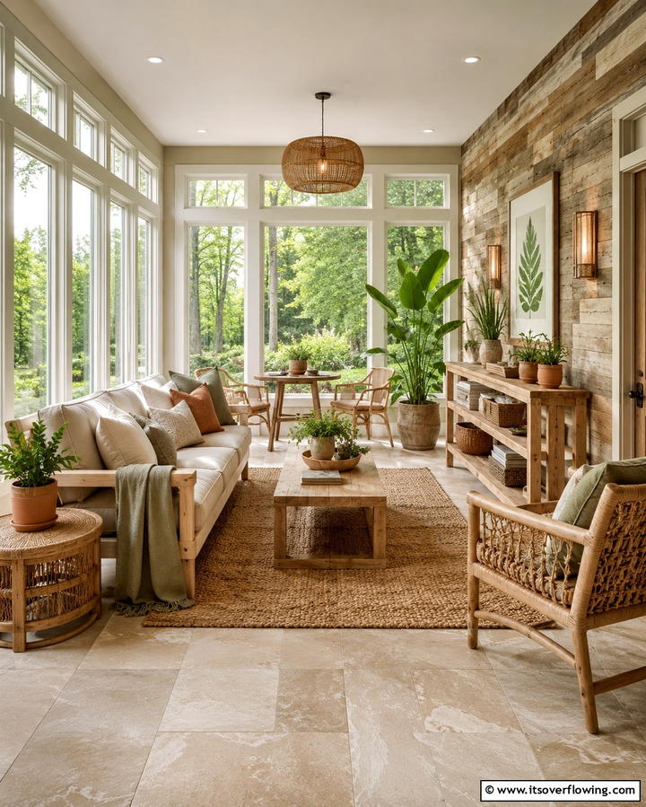 Earthy Sunlit Sanctuary - 30 Farmhouse Sunroom Ideas for Cozy and Light-Filled Relaxation