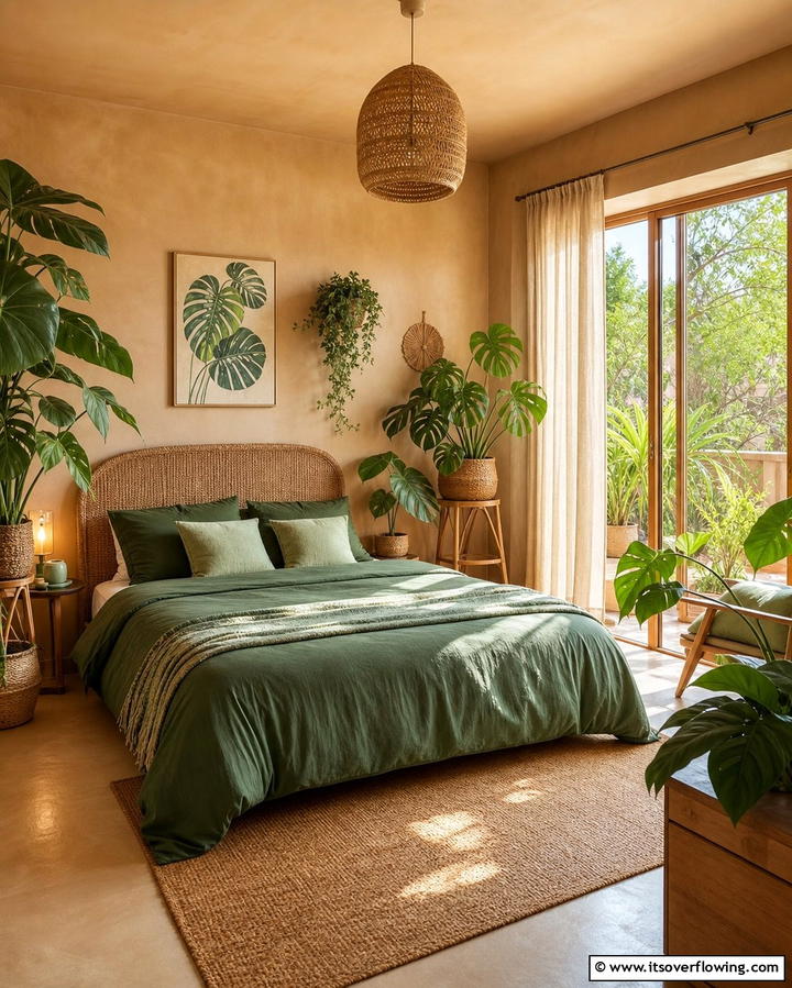 Earthy Tan with Green Accents - 25 Tan Bedroom Ideas for a Warm and Cozy Space