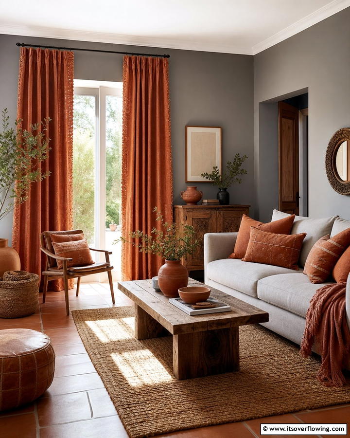 Earthy Terracotta Appeal - 30 Curtain Color Ideas Perfectly Paired With Gray Walls