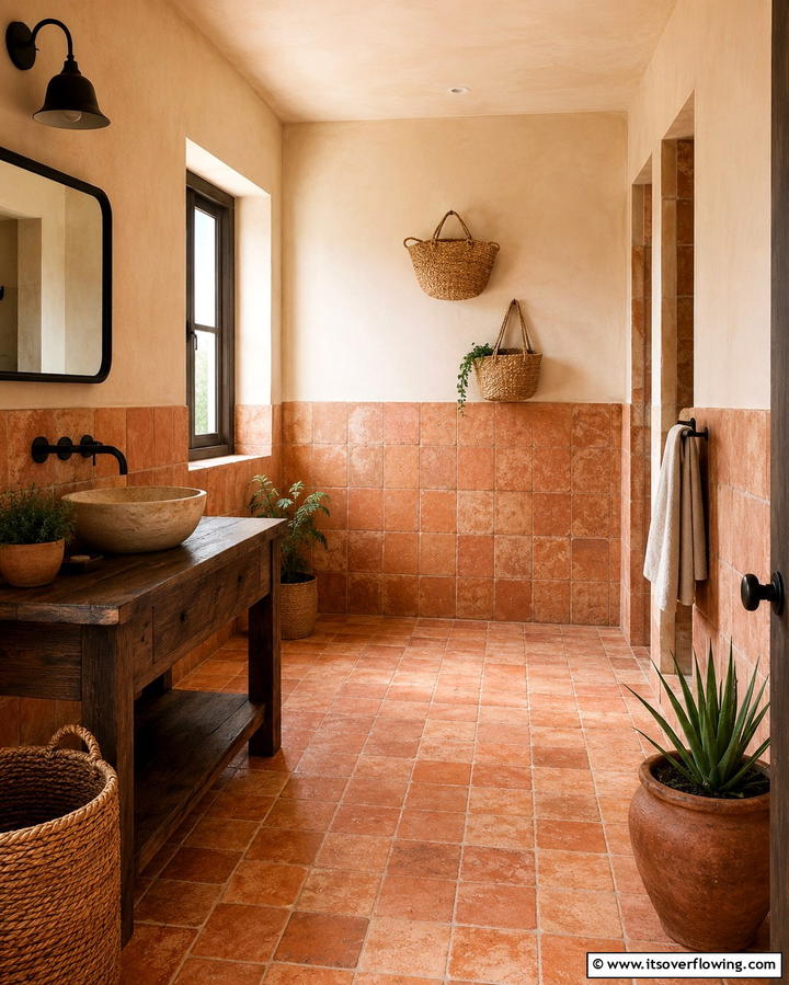 Earthy Terracotta Tiles - 30 Half-Wall Tile Bathroom Ideas for Functional Style