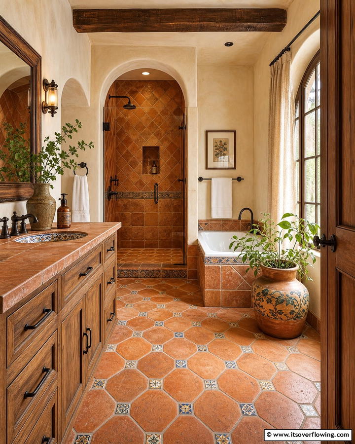 Earthy Terracotta Tiles - 20 Mediterranean Bathroom Ideas for a Relaxing Retreat