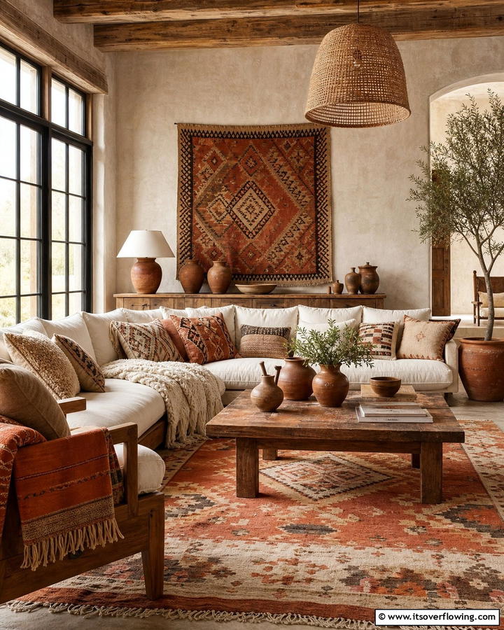 Earthy Textiles and Patterns - 21 Rustic Living Room Ideas for Cozy Natural Interior Designs