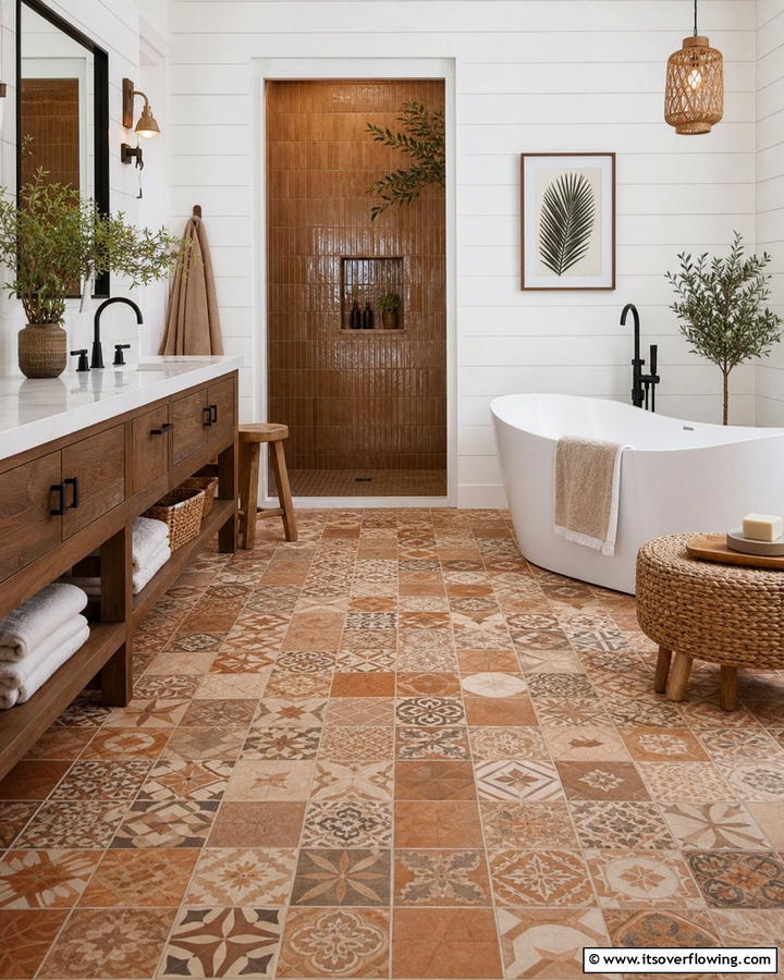 Earthy Tile Patterns - 25 Brown Bathroom Ideas for a Warm and Inviting Space