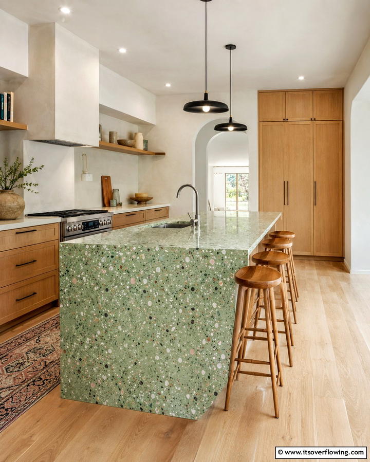 Earthy Warmth with Pistachio Terrazzo - 25 Kitchen With Green Countertops Ideas for Freshness