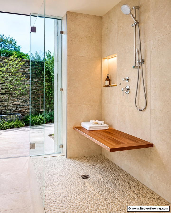 Easy Access Shower Bench - 25 Pool Bathroom Ideas for a Refreshing Swim Experience