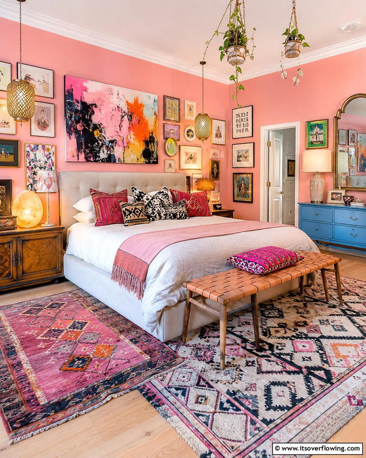 Eclectic Art and Bold Patterns - 30 Pink Boho Bedroom Ideas for a Chic and Cozy Retreat