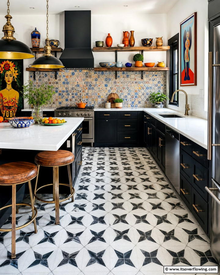 Eclectic Artistic Flair - 21 Kitchens With Black Cabinets- Bold & Timeless Designs