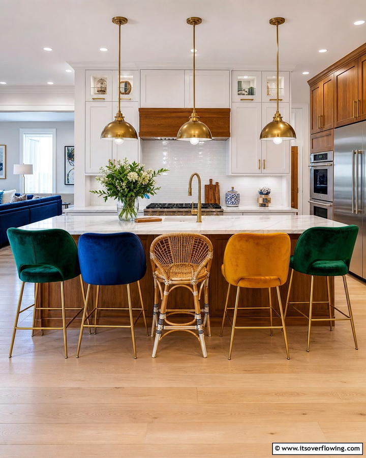 Eclectic Bar Stools - 21 Colorful Kitchen Ideas to Energize Your Cooking Space