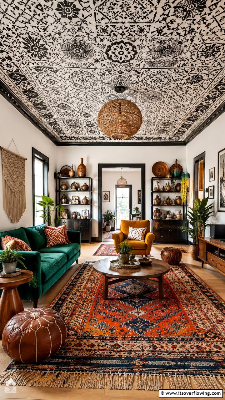 Eclectic Black Patterns - 30 Black Ceiling Ideas to Add Depth and Drama Above