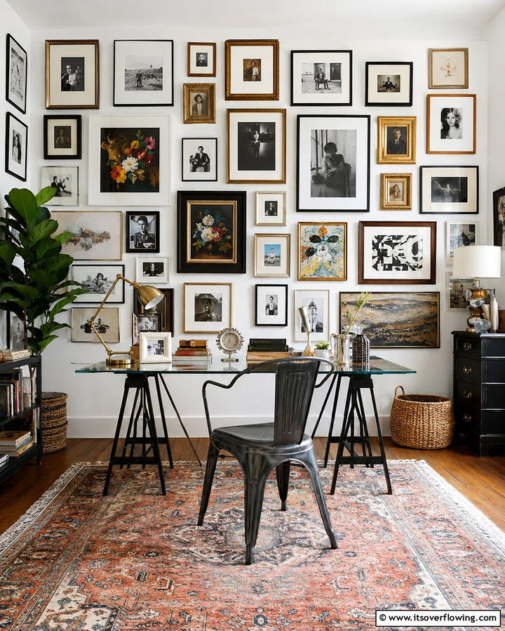 Eclectic Boho Workspace with Gallery Walls - 30 Bohemian Home Office Ideas for Eclectic Workspace Vibes
