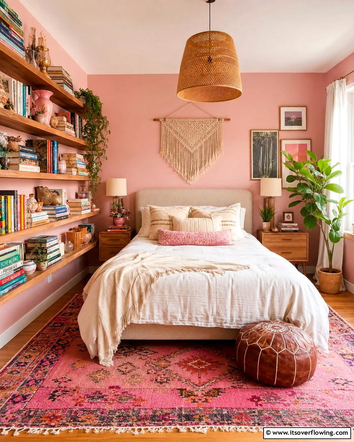 Eclectic Book Collections Display - 30 Pink Boho Bedroom Ideas for a Chic and Cozy Retreat