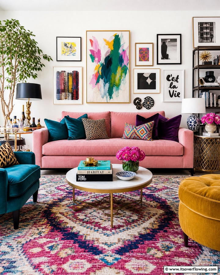 Eclectic Charm with Mixed Colors - 20 Pink Couch Living Room Ideas for a Bold Statement