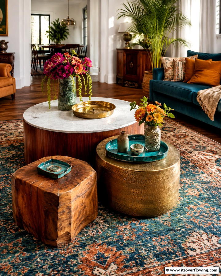Eclectic Coffee Table Cluster - 30 Awkward Living Room Layout Solutions for Cohesive Design