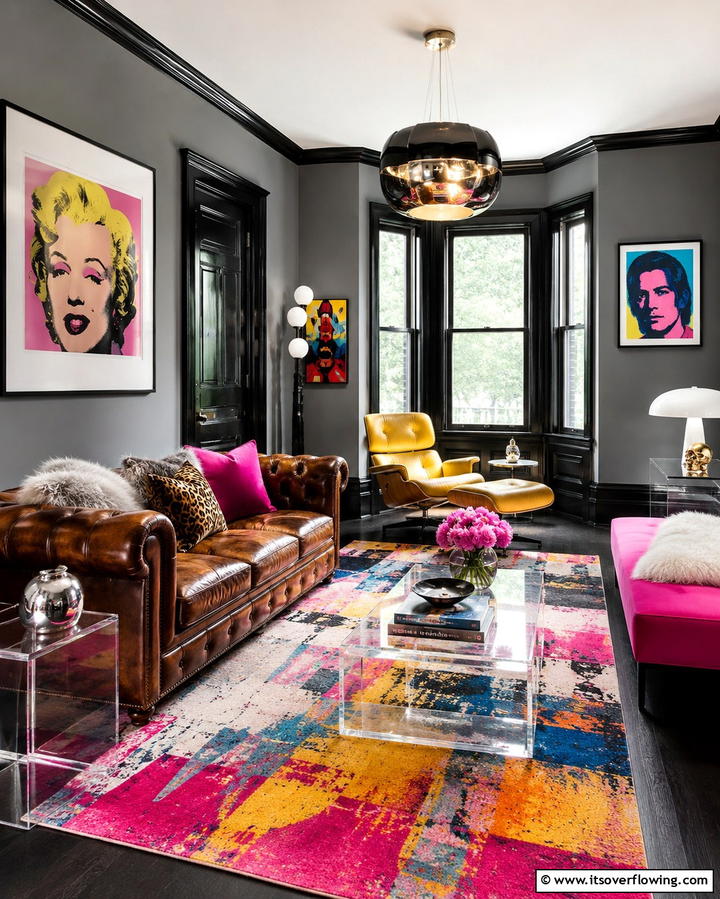 Eclectic Contemporary Mix - 30 Living Room Grey Walls & Black Trim- Bold Contrast Ideas