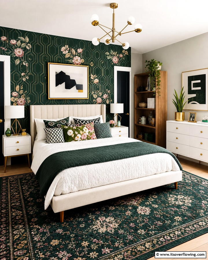 Eclectic Dark Green Patterns - 21 Dark Green Bedroom Ideas- Moody & Luxurious Spaces