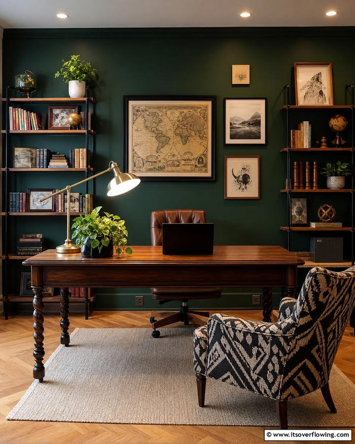 Eclectic Dark Green Study - 21 Dark Green Accent Wall Ideas for Dramatic Interiors