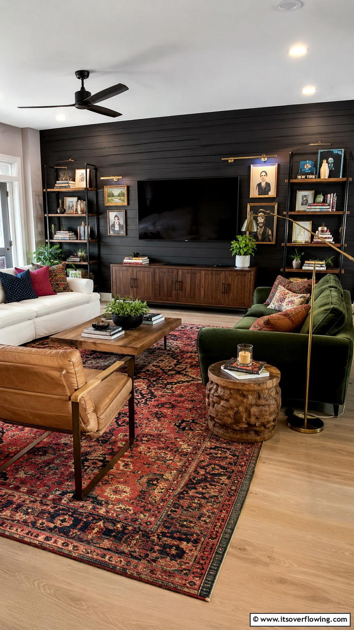 Eclectic Entertainment Space - 30 Black Shiplap Wall Ideas for Timeless Interior Accents