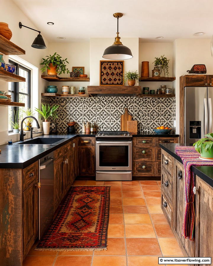 Eclectic Fusion with Mixed Textures - 25 Brown Kitchen Cabinets With Black Countertops