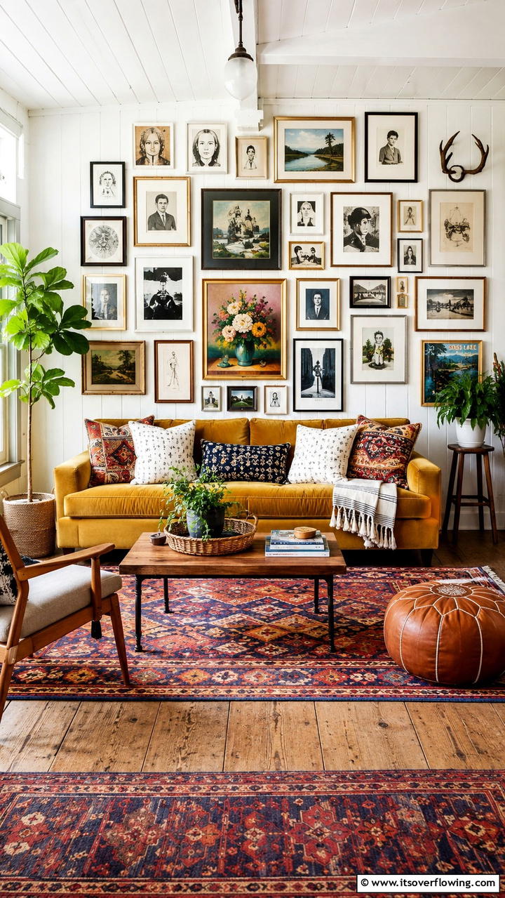 Eclectic Gallery Wall - 30 Cottage Living Room Ideas for Cozy Home Spaces