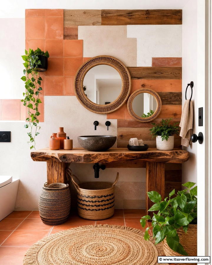 Eclectic Material Fusion - 21 Bathroom Accent Wall Ideas for Bold & Textured Designs