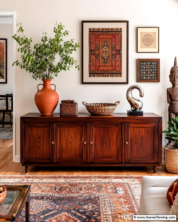 Eclectic Mix of Accessories - 25 Sideboard Decor Ideas to Enhance Your Living Space