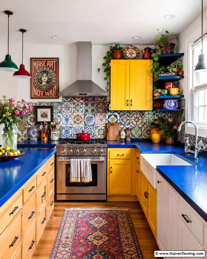 Eclectic Mix of Colors - 30 Blue Countertop Kitchen Ideas for Bold Statement Spaces