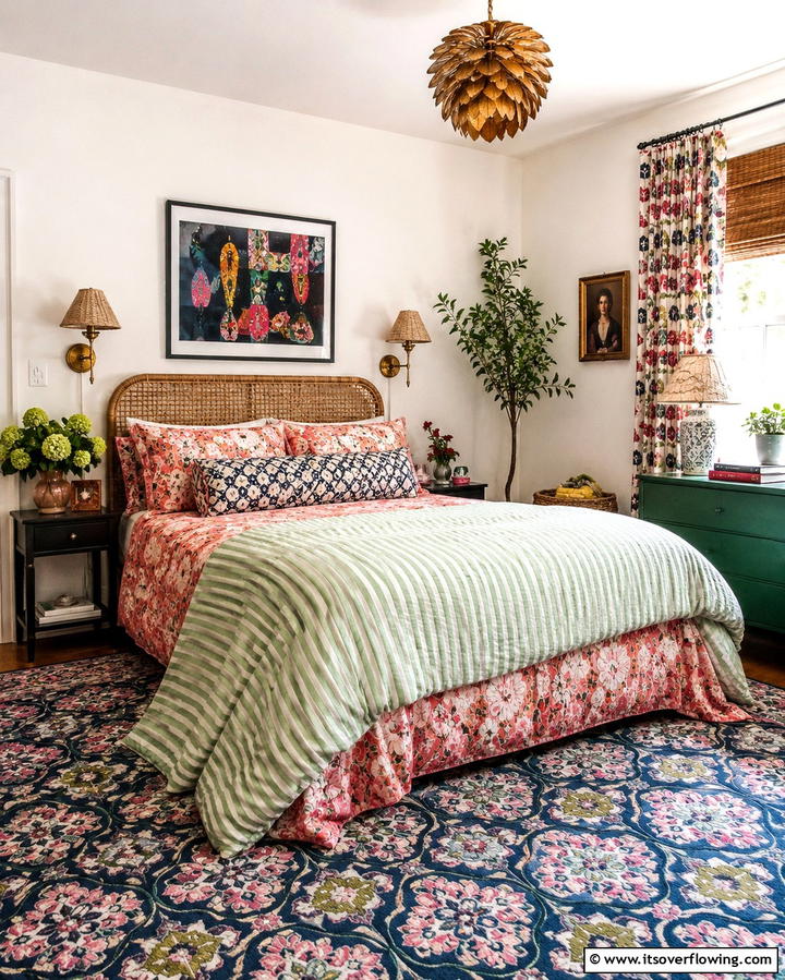 Eclectic Mix of Patterns - 25 Pink and Green Bedroom Ideas for a Fresh Look