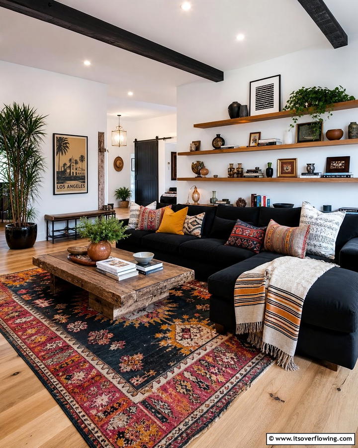 Eclectic Mix with Black and Wood - 21 Chic Black Couch Living Room Styling Inspirations