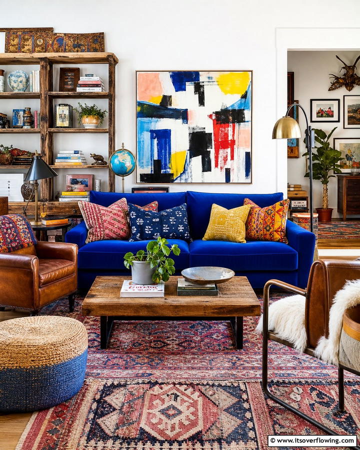 Eclectic Mix with Bold Blue Couch - 25 Blue Couch Living Room Ideas for a Stylish Space